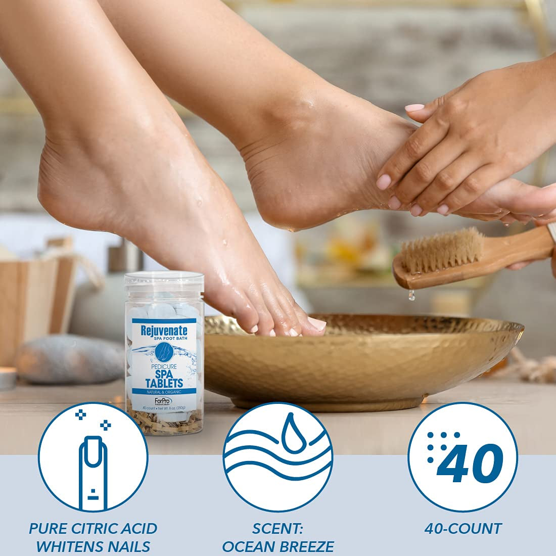 Rejuvenate Spa Foot Bath Pedicure Spa Tablets, Organic Foot Soak Tablets for Softening Skin & Replenishing Moisture, Ocean Breeze, 40-Count