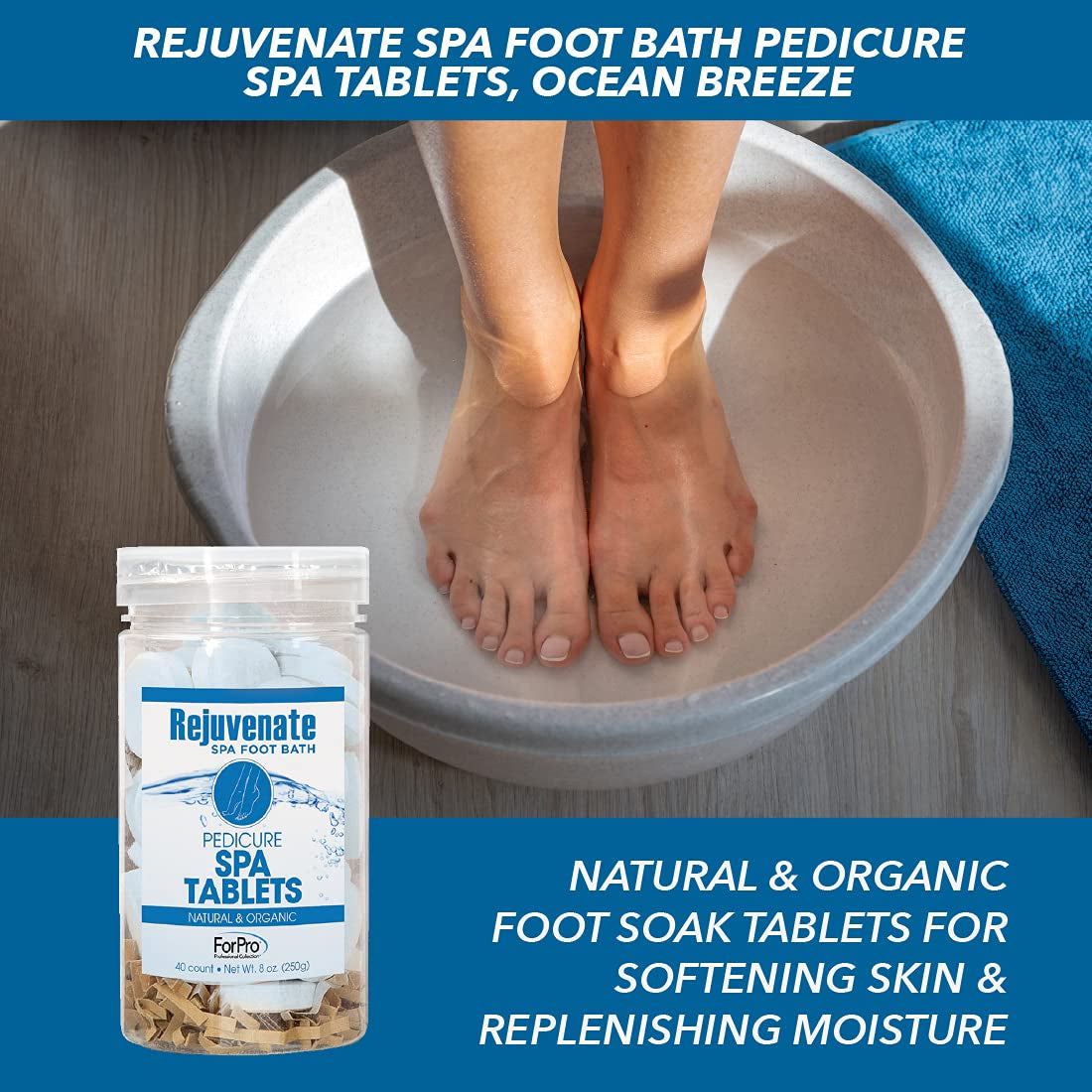 Rejuvenate Spa Foot Bath Pedicure Spa Tablets, Organic Foot Soak Tablets for Softening Skin & Replenishing Moisture, Ocean Breeze, 40-Count